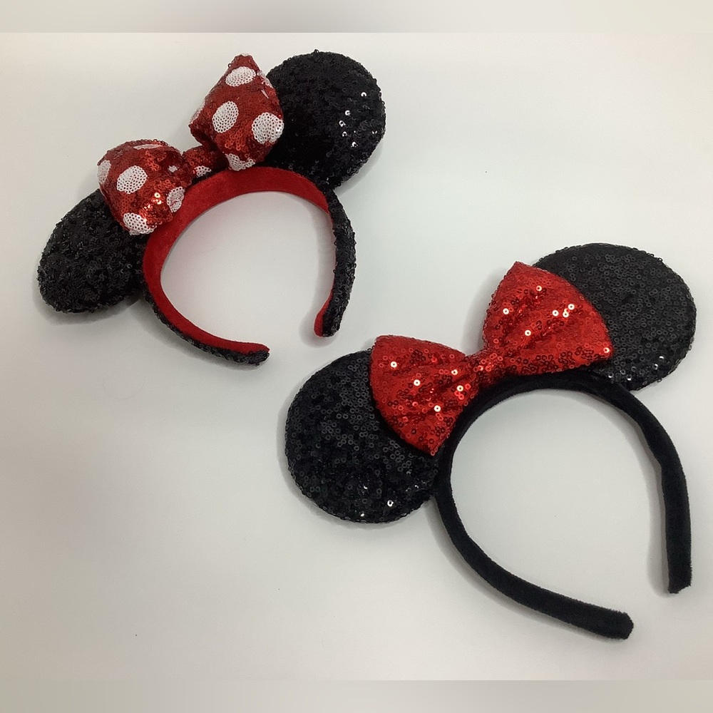 Disney Minnie Youth Mouse Ears Headbands Sequins Bow Set of 2 Red Black White